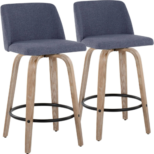 Toriano 26" Swivel Counter Stool in White Washed Wood & Blue Fabric w/ Black Footrest (Set of 2)